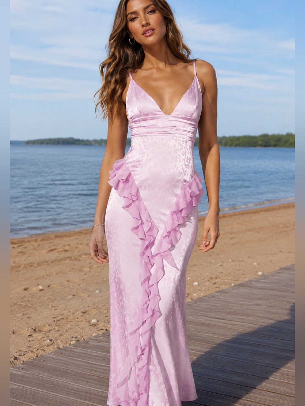 Paolina Taro Pink Jacquard Ruffle Mermaid Maxi Dress
